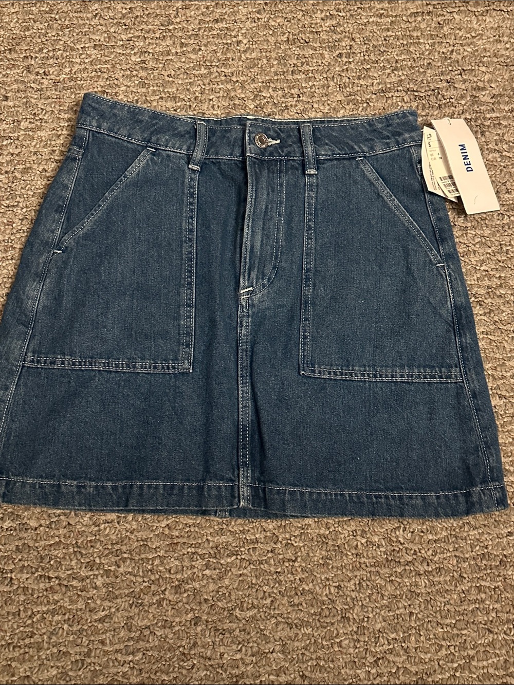 H&M Dark Blue A-Line Denim Mini Skirt with Front Pockets, Size 6